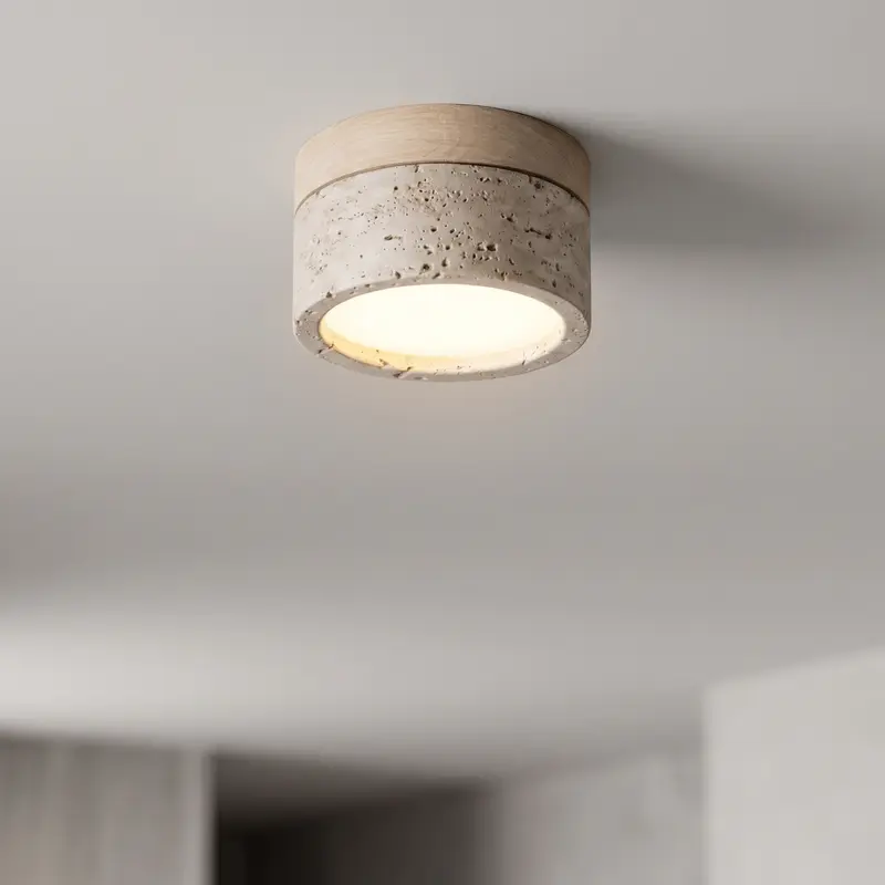 Stone ceiling light - cylindrical flush mount in wood & natural stone