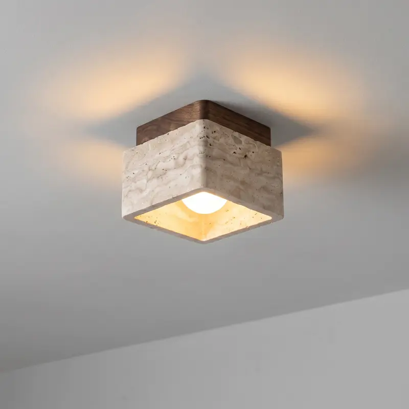 Travertine ceiling light - compact flush mount with warm wood base