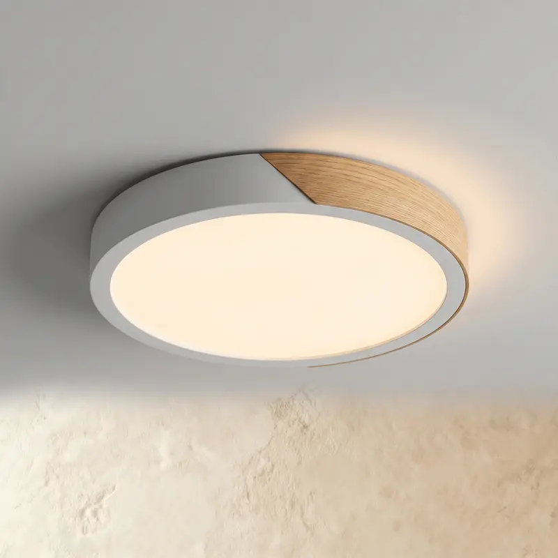 Wood & metal ceiling light - ultra-slim dimmable flush, remote control